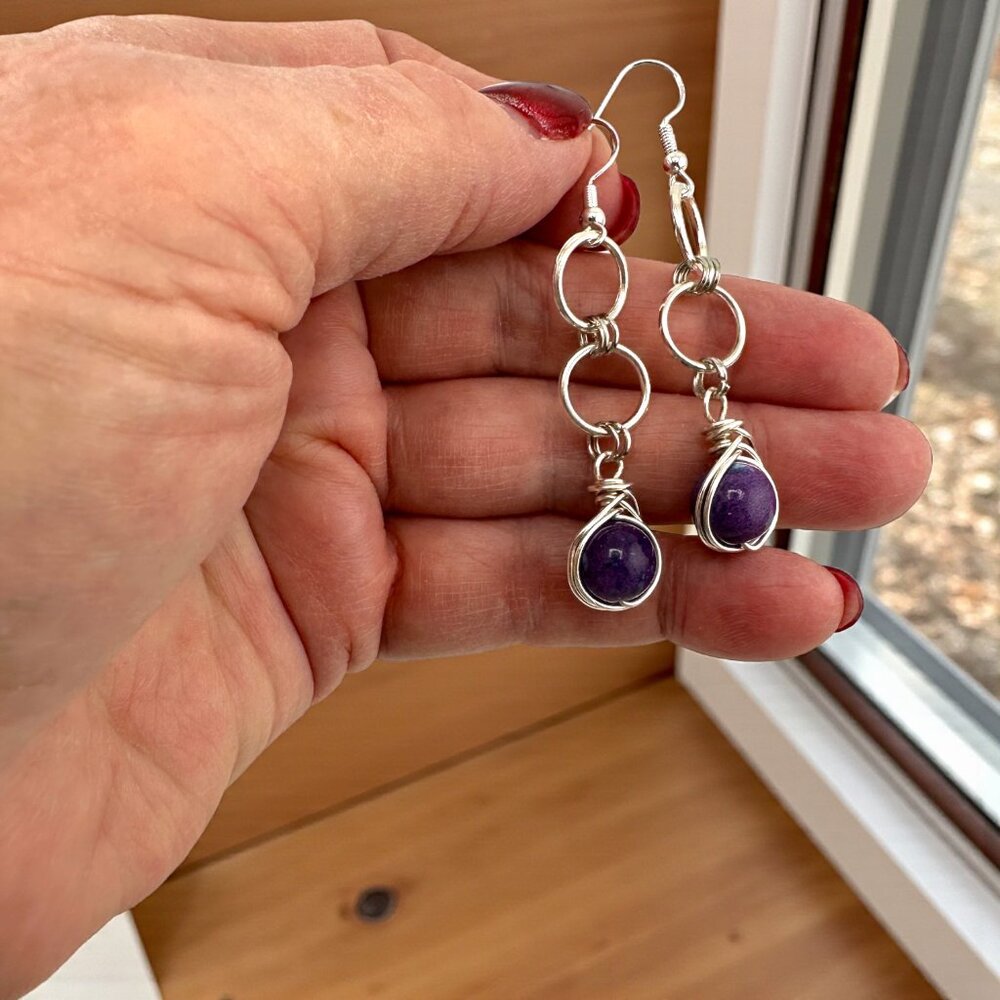 Purple Rain Flower Jade Earrings Sterling Silver Wire Wrapped Artisan 2.5" Drop